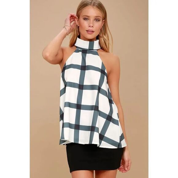 Lulu’s On Gridlock Ivory and Grey Print Top Size Small - Picture 2 of 8